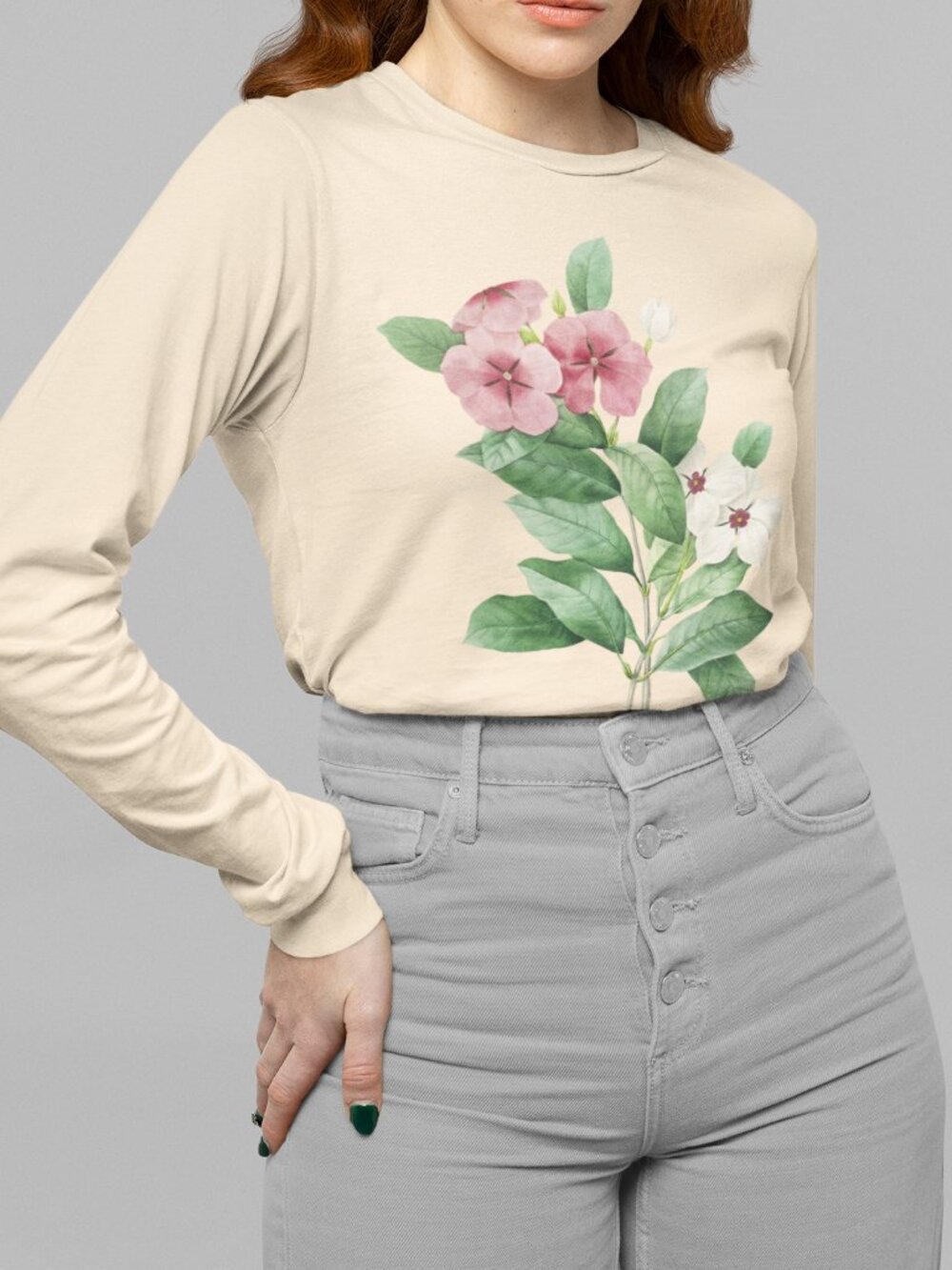Periwinkle Vintage Floral Print Long Sleeve Graphic Tee T-shirt S-XXL - Picture 1 of 6